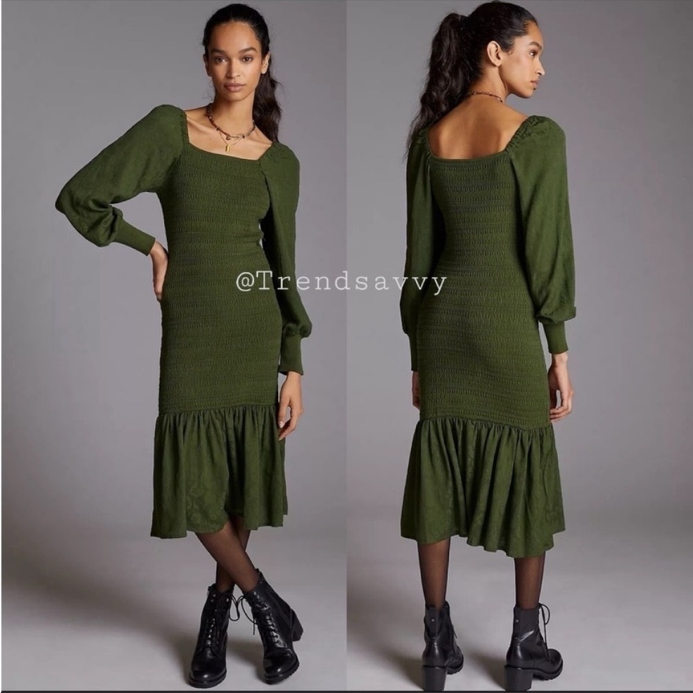 Anthropologie Moss Smocked Puff Sleeve Midi Dress Square Neck Size Large